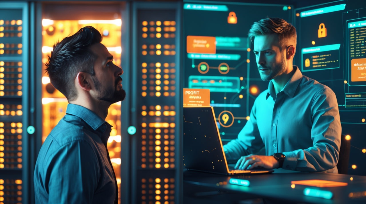 Системный администратор проходит переподготовку на AI/ML Security Engineer, переходя от старых серверов к футуристическому интерфейсу безопасности AI.